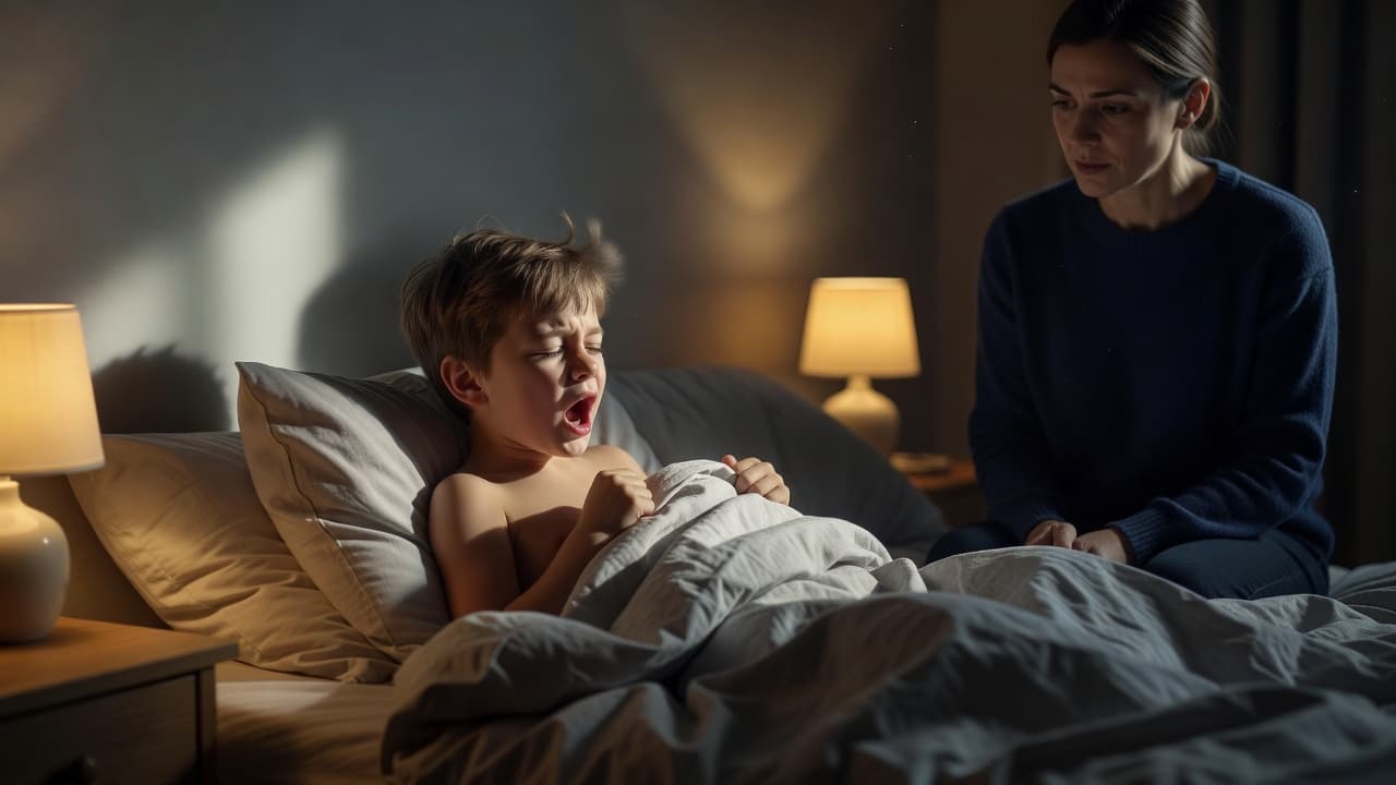 A young child lies in bed with a dry cough while a parent sits closely on the edge of the mattress, watching intently. The room is dimly lit with deep shadows.