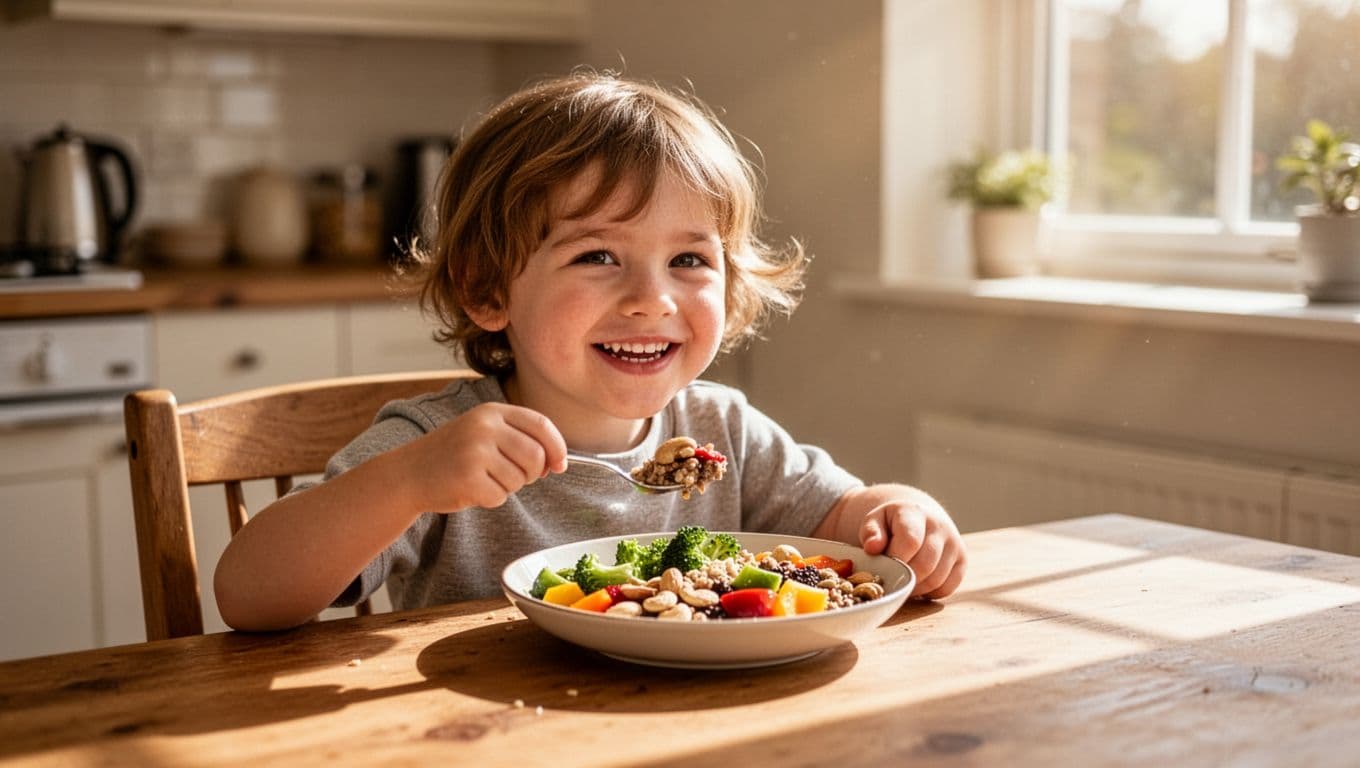 A young child sits at a rustic wooden kitchen table while happily eating a vibrant, nutritious meal. Soft morning light streams across the scene, highlighting the child's joyful facial expression.