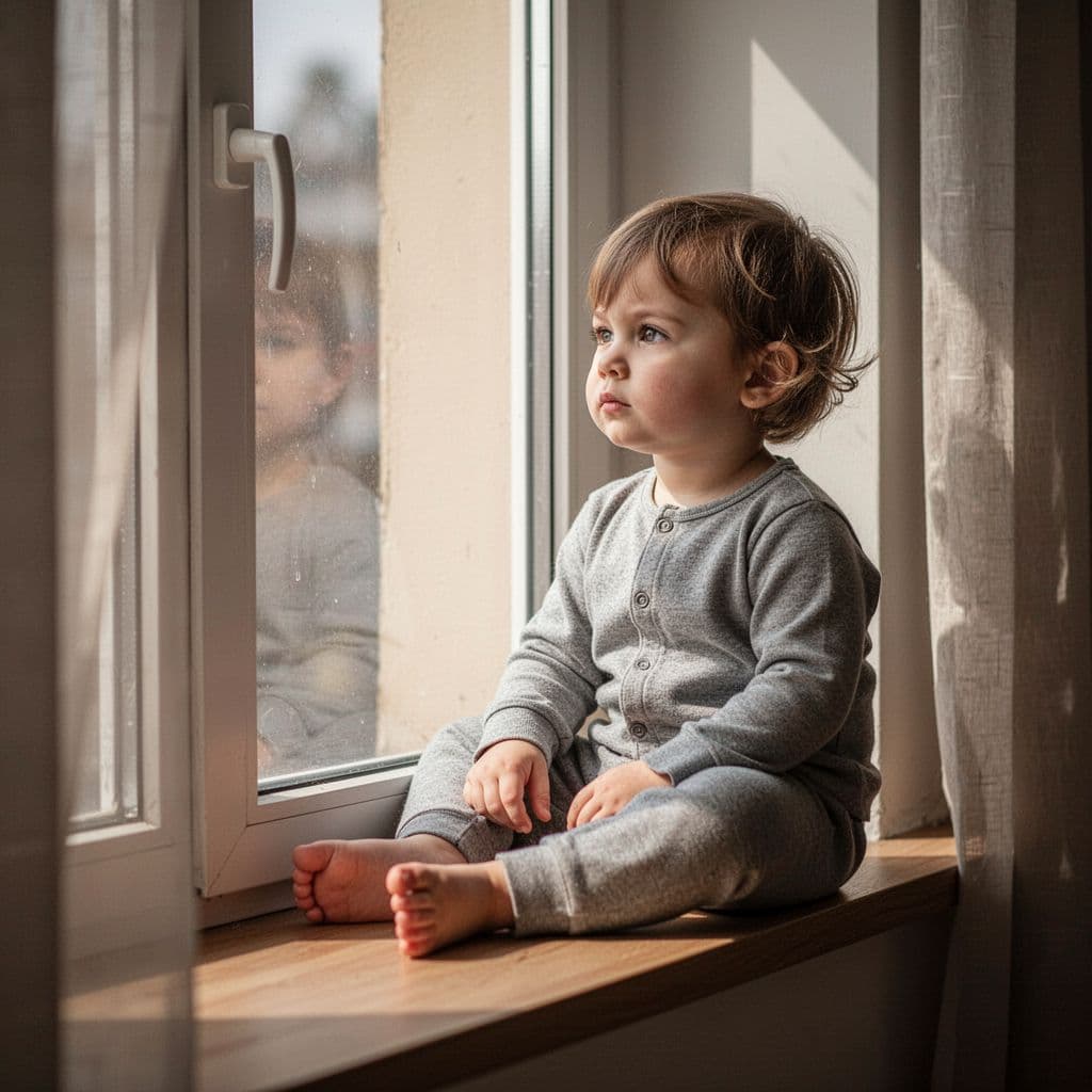 A young child sits quietly near a pane of glass, staring outward with a somber, reflective expression. Warm indoor light highlights their face, emphasizing a sense of subtle emotional isolation.
