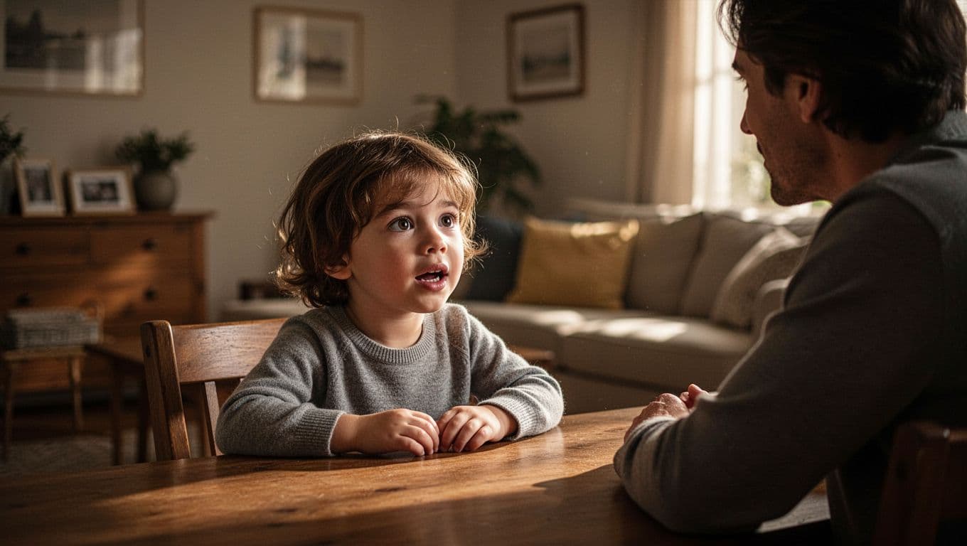 A young child sits at a wooden table in a dimly lit home, gesturing with hands while maintaining eye contact with a parent to convey complex thoughts and genuine self-awareness.