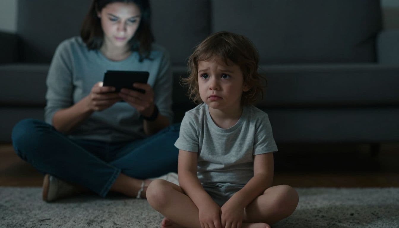A young child sits alone on the living room floor with a somber expression while looking away from a parent who is engrossed in their smartphone. Dramatic lighting emphasizes the emotional distance.