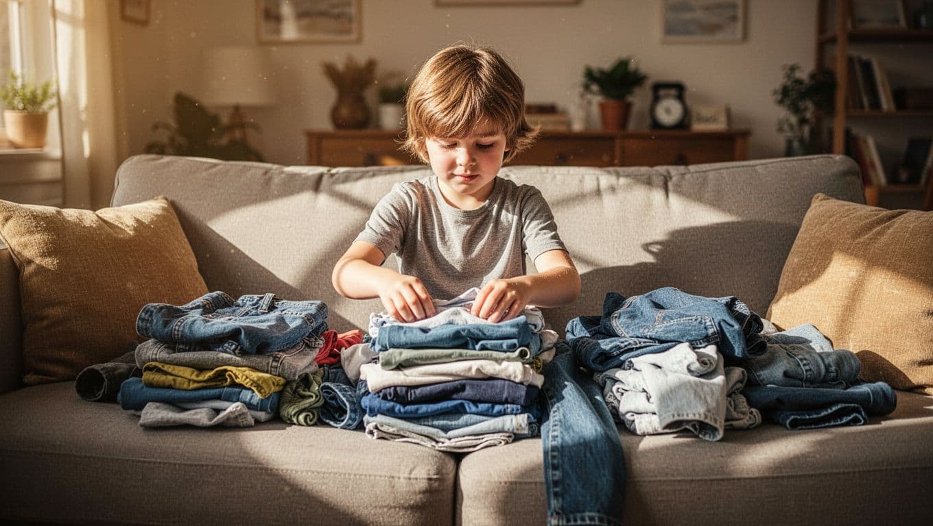 A young child sits on a cozy living room couch, methodically sorting through a large pile of fresh clothing. Warm sunlight fills the space, highlighting their focused expression and neat tasks.