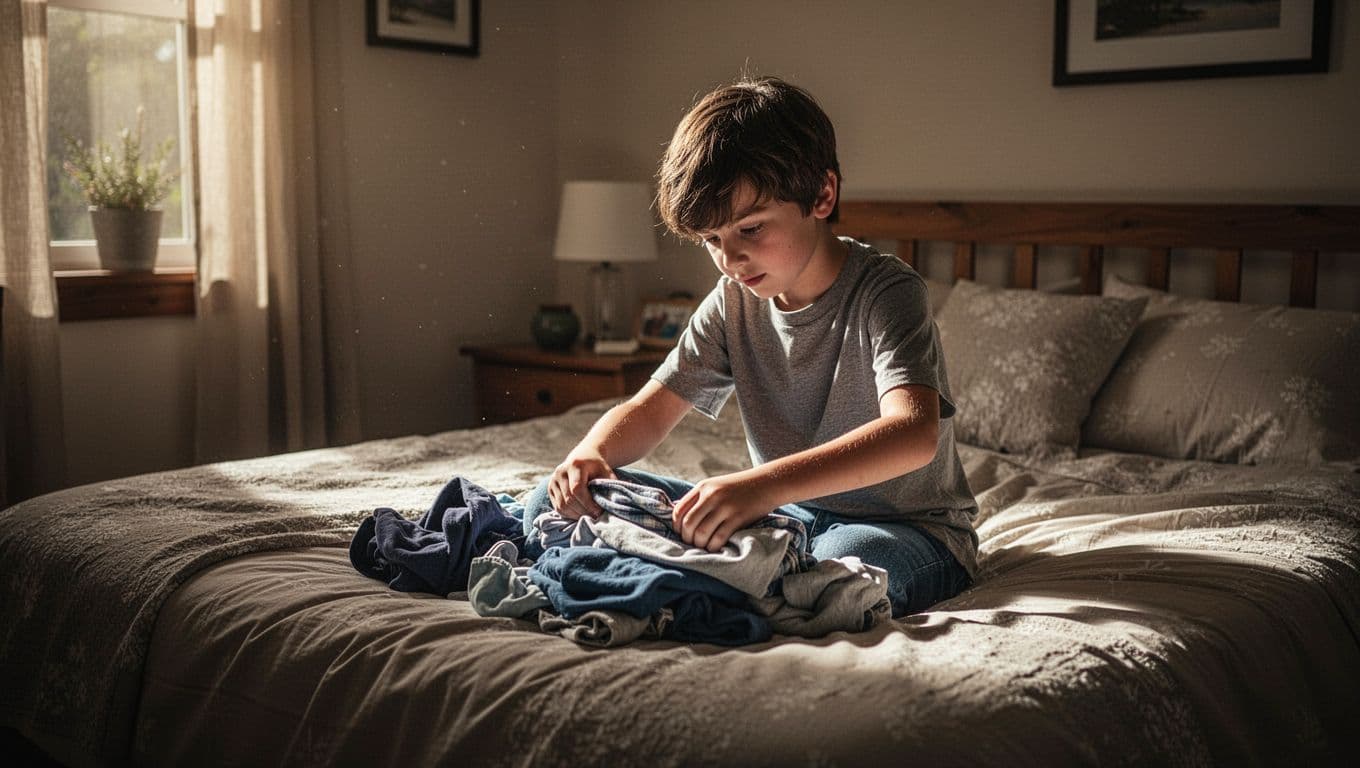 A twelve-year-old child sits on a bed in a softly lit bedroom, neatly folding a stack of clean clothes. Golden hour light creates strong shadows across the warm, cozy interior.