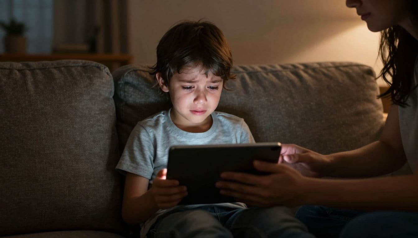 A tearful child sits on a dark sofa clutching a digital tablet while a parent reaches out to reclaim the device. Dim interior lighting casts soft shadows across the emotional scene.