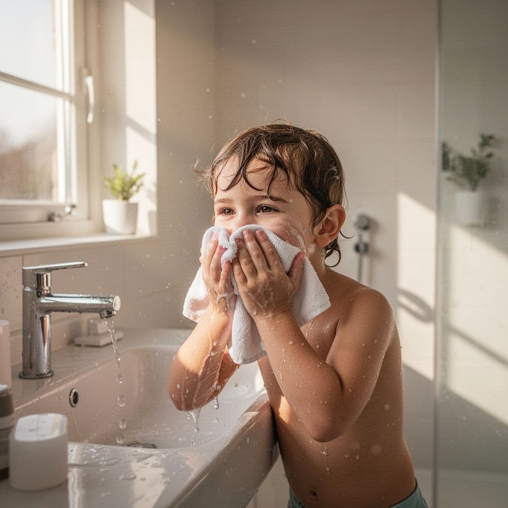 A young child gently wipes their face with a soft white cloth inside a bright minimalist bathroom. Warm morning sunlight illuminates the clean vanity area, creating a calm and peaceful atmosphere.