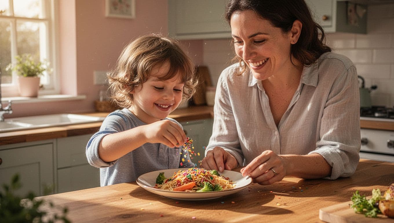 A young child carefully sprinkles vibrant vegetable toppings onto a meal while a parent watches closely. They stand together at a sunlit kitchen island filled with fresh ingredients and warm light.