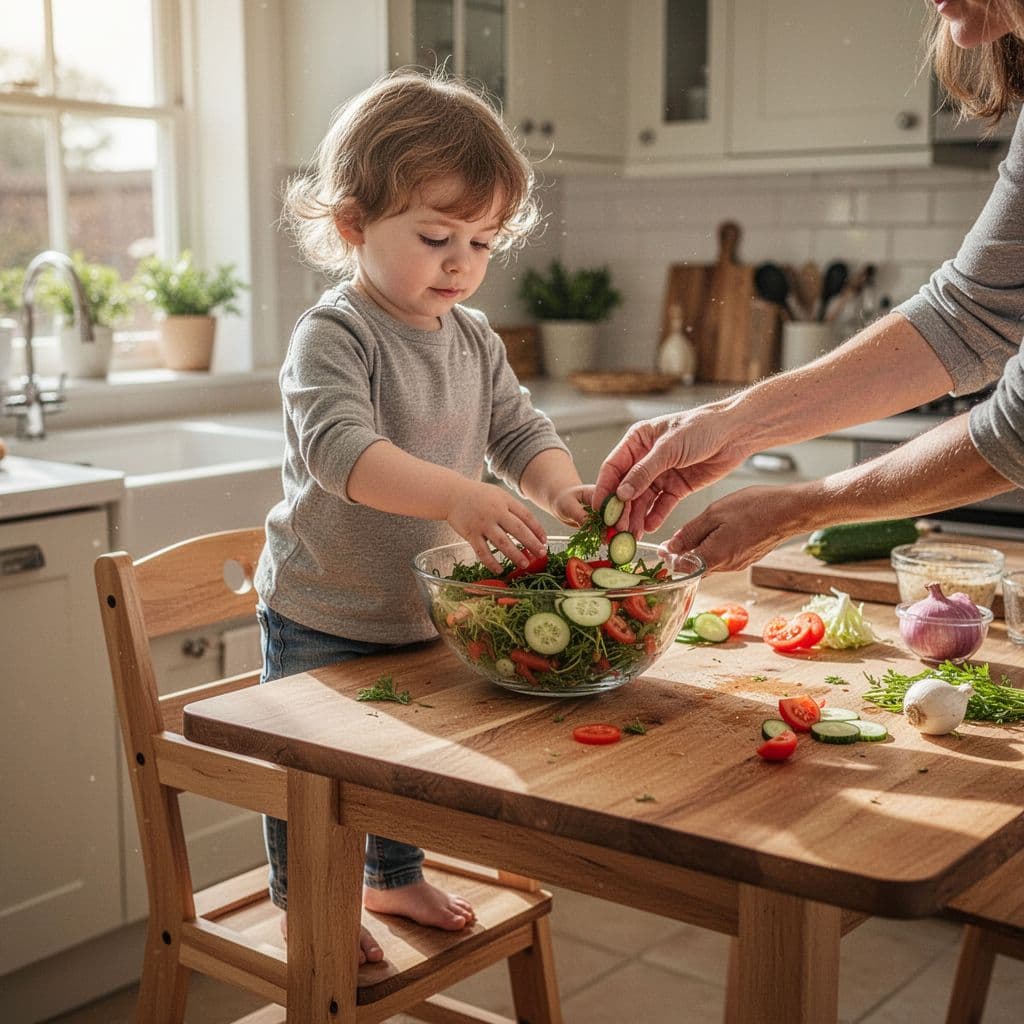A young child stands on a stool adding fresh vegetable toppings to a bowl with an adult.