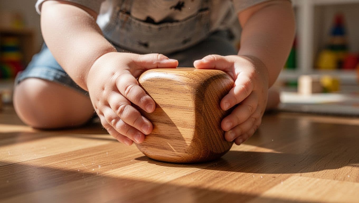 Small hands grip a polished wooden building block on a sunny floor. Warm light emphasizes the smooth, rounded edges and natural grain of the high-quality, durable play material during quiet activity.
