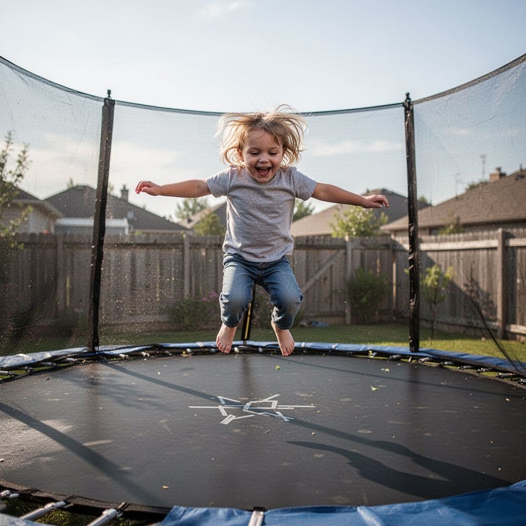 A young child jumps joyfully on a backyard trampoline under a bright clear sky.