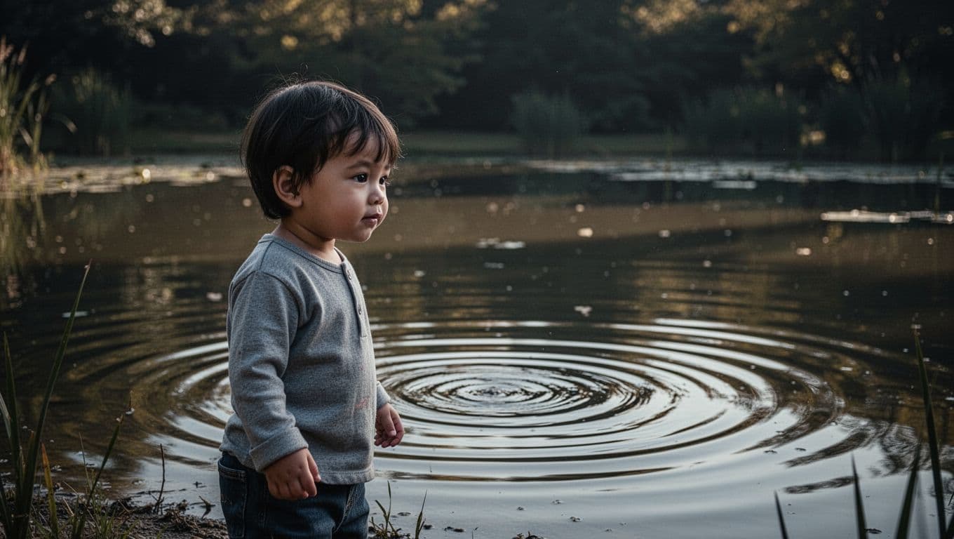 A small child in simple clothing stands near the muddy bank, leaning forward to study the concentric rings moving across the dark water. Soft, diffused daylight highlights the child's focused expression.