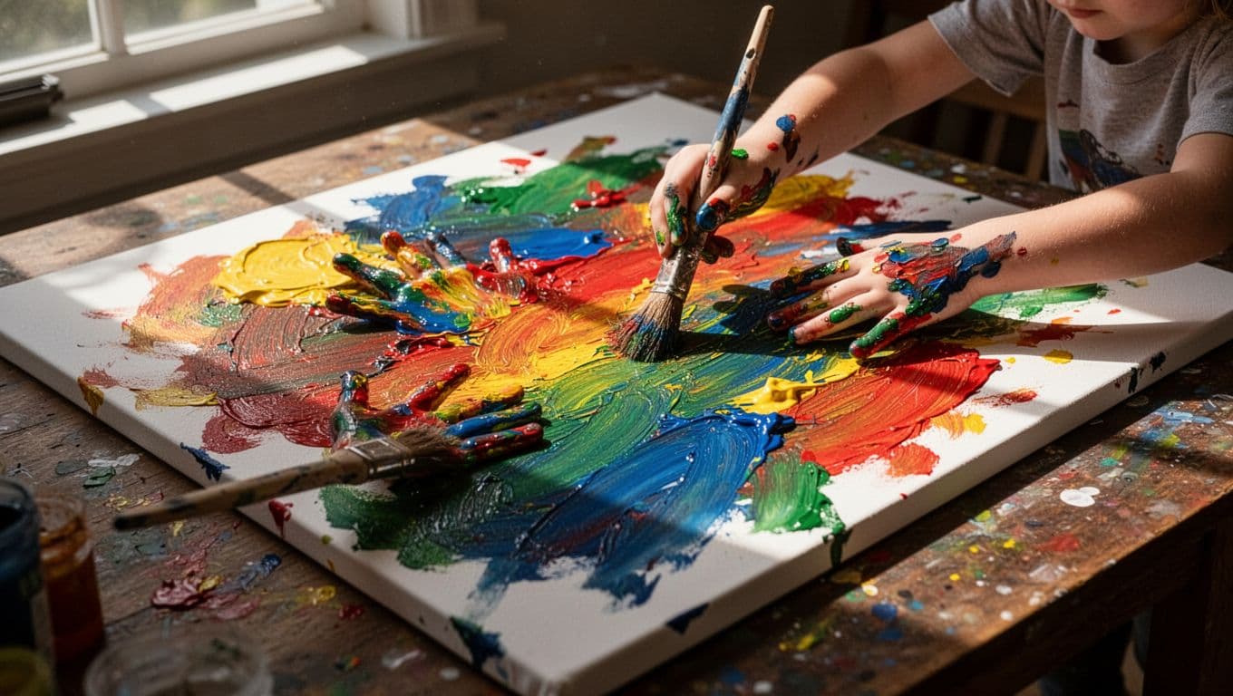 Small hands smeared with vibrant pigments press onto a large paper canvas laid flat on a wooden table. Intense natural light from a side window highlights the textured paint strokes.