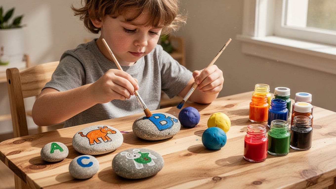 Five-year-old child paints designs on smooth rocks and playdough balls at wooden table.