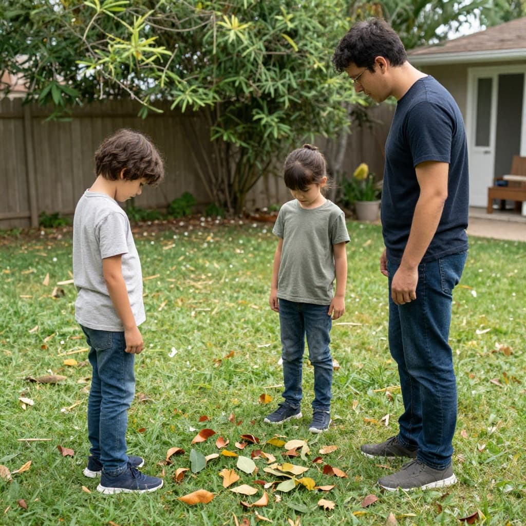 Young child and parent stand in sunny backyard looking at leaves on ground.