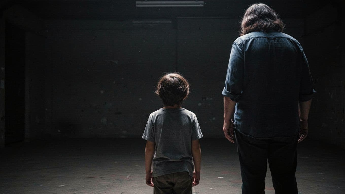 A small child stands alone in a cavernous, dimly lit room with their back toward an adult figure. Stark shadows define the vast void between them, highlighting the profound emotional isolation.