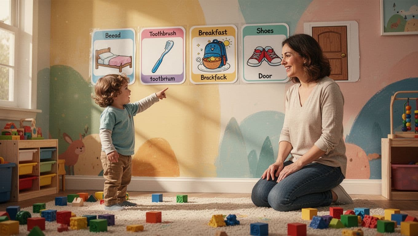 Young child points at laminated picture schedule of morning icons on colorful playroom wall; smiling parent kneels nearby.