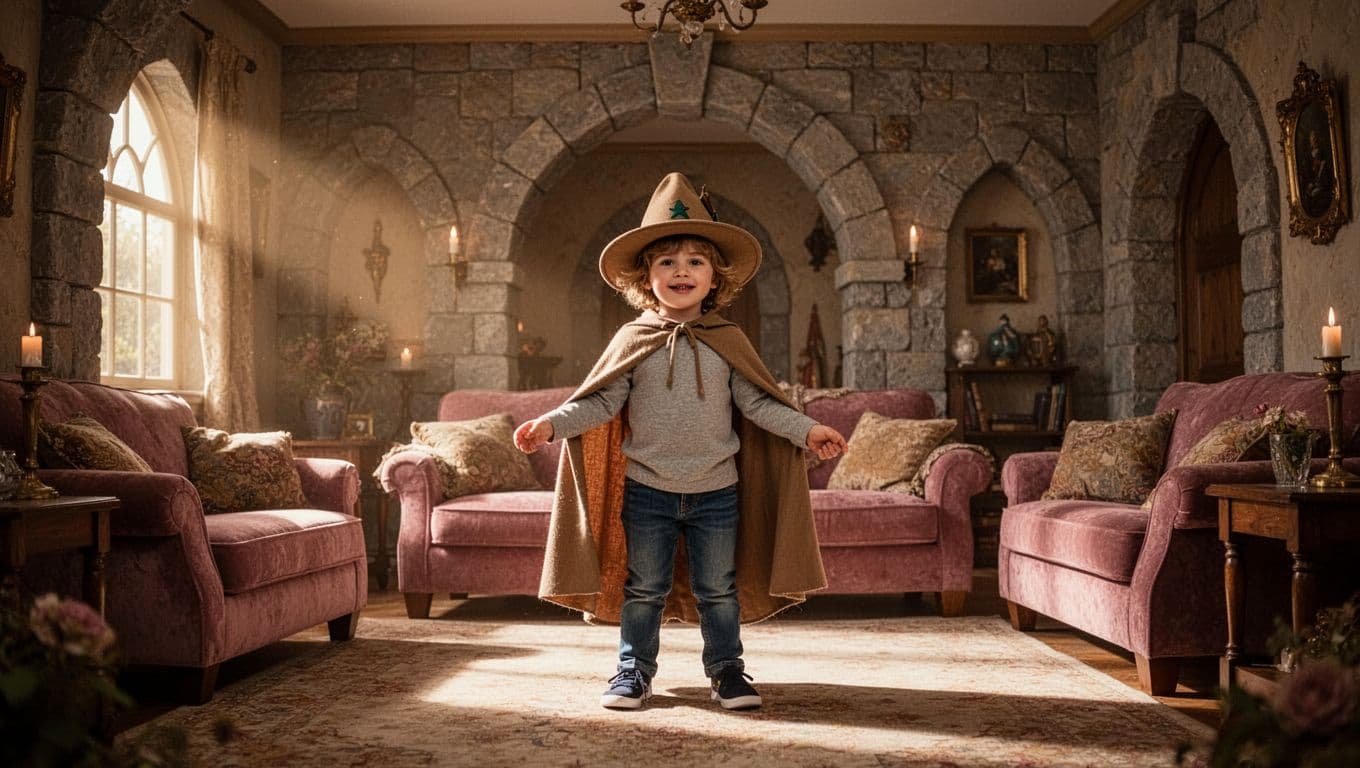 A young child wearing a makeshift cape and hat stands proudly in a living room transformed into a fortress. Warm light highlights the toy towers and imaginative textures within the cozy space.