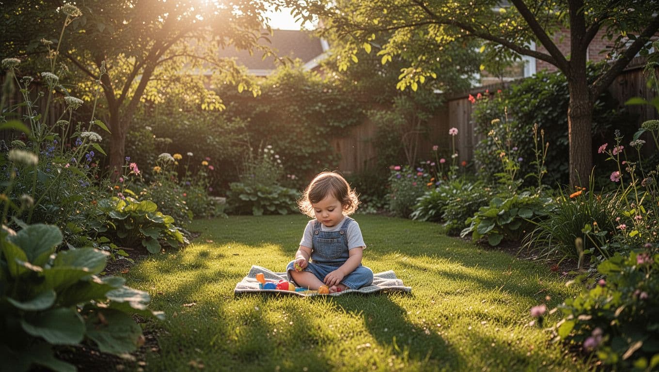 A young child sits independently on the grass, surrounded by vibrant garden foliage under a canopy of trees. Warm golden light filters through the leaves, casting soft shadows across the lawn.