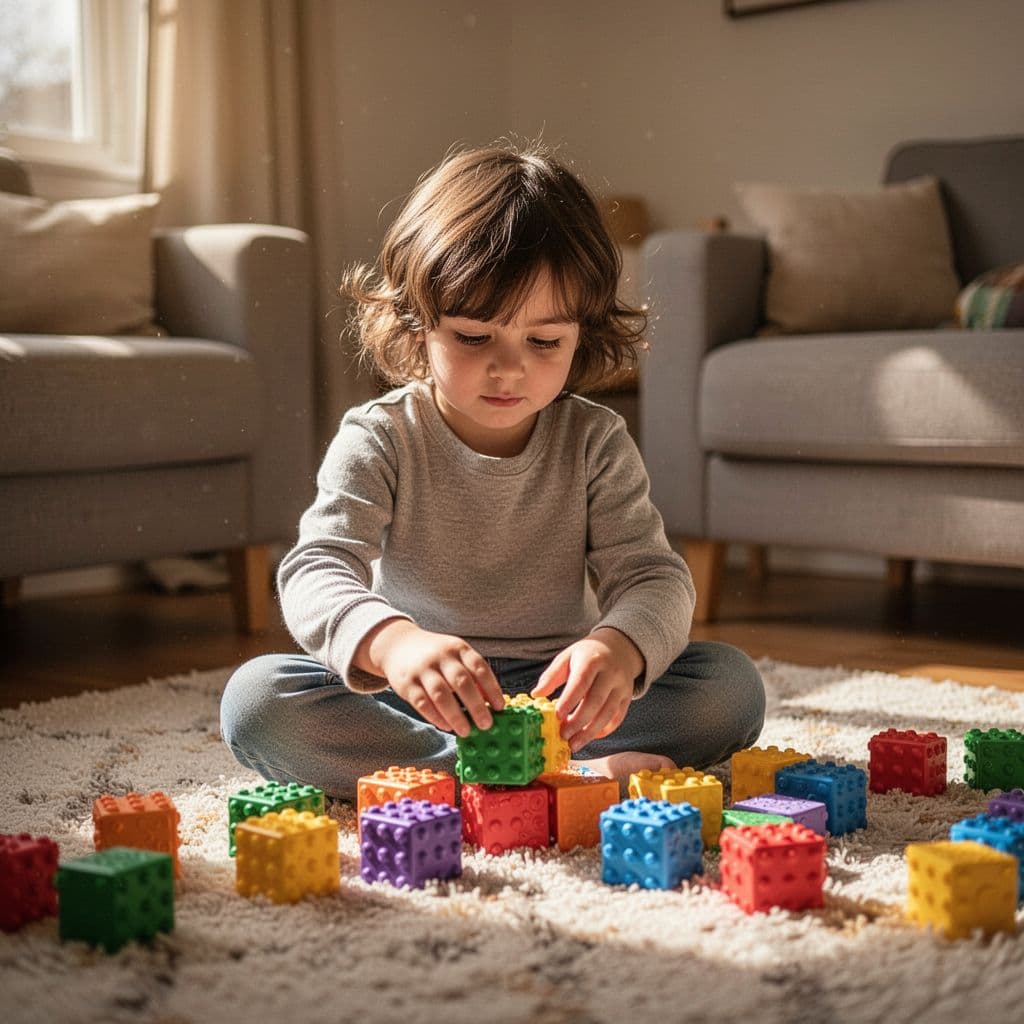 A calm child plays with colorful textured blocks in a softly lit, quiet room.