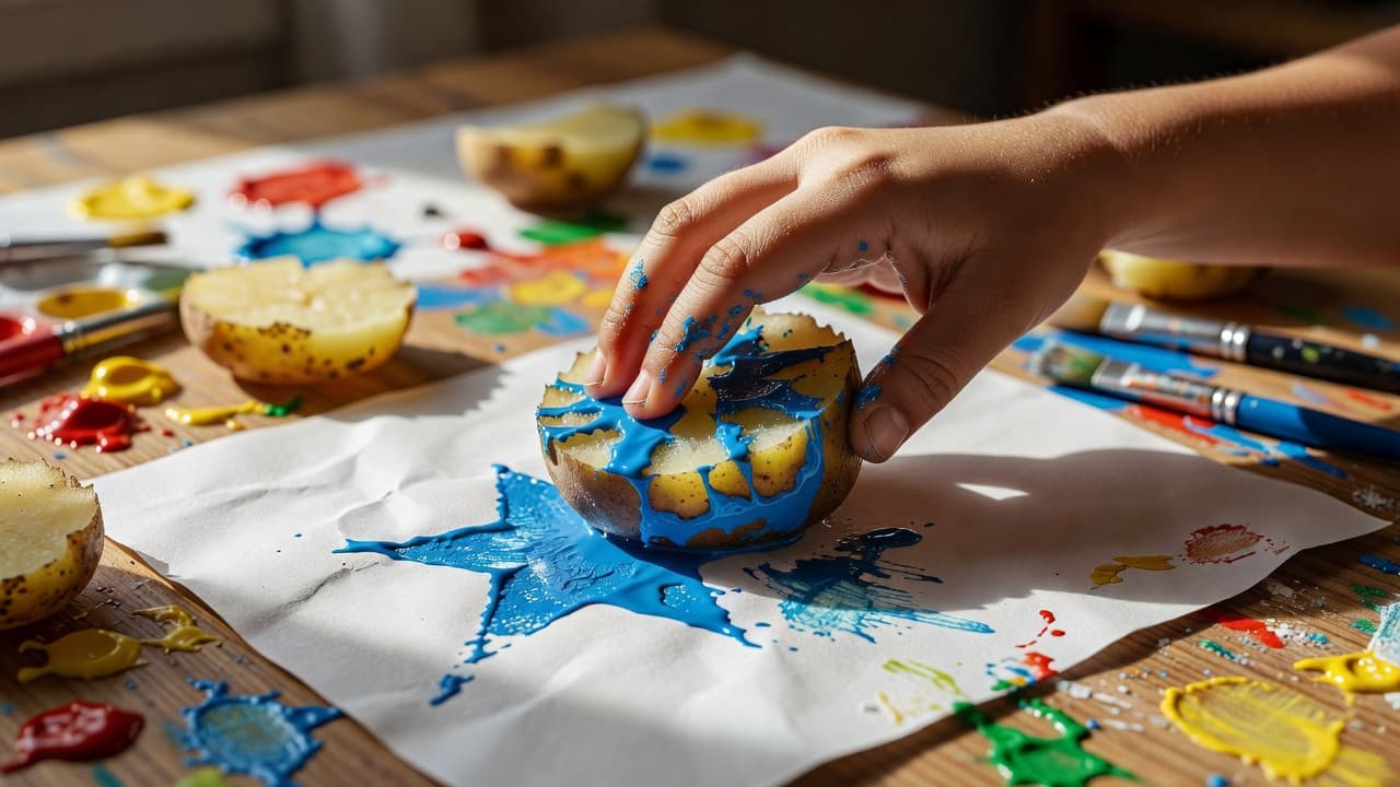 A young child presses a hand-carved potato stamp coated in vibrant blue acrylic paint onto a white sheet of paper. Splatters of various colors create a creative, artistic mess on the tabletop.