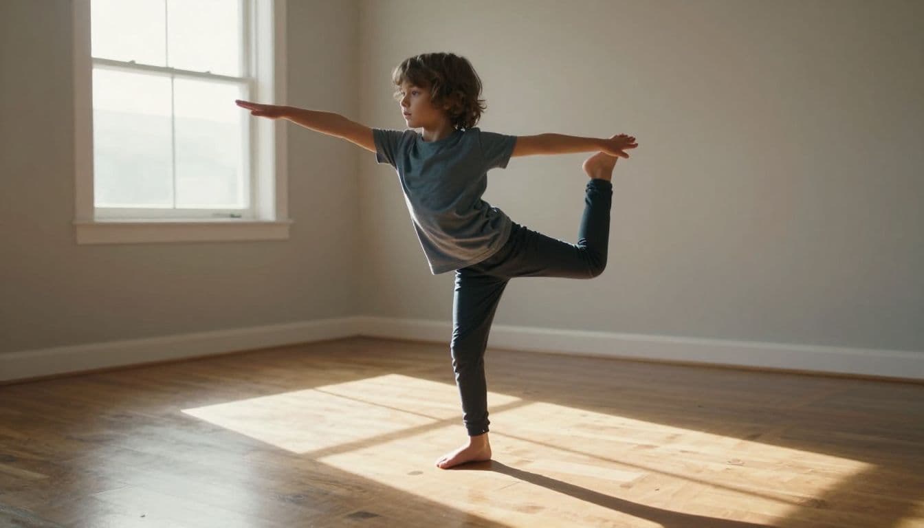 A young child stands on one leg in a bright playroom with hardwood floors, keeping arms extended for stability. Dramatic sunlight streams across the floor, highlighting the focused, athletic pose.