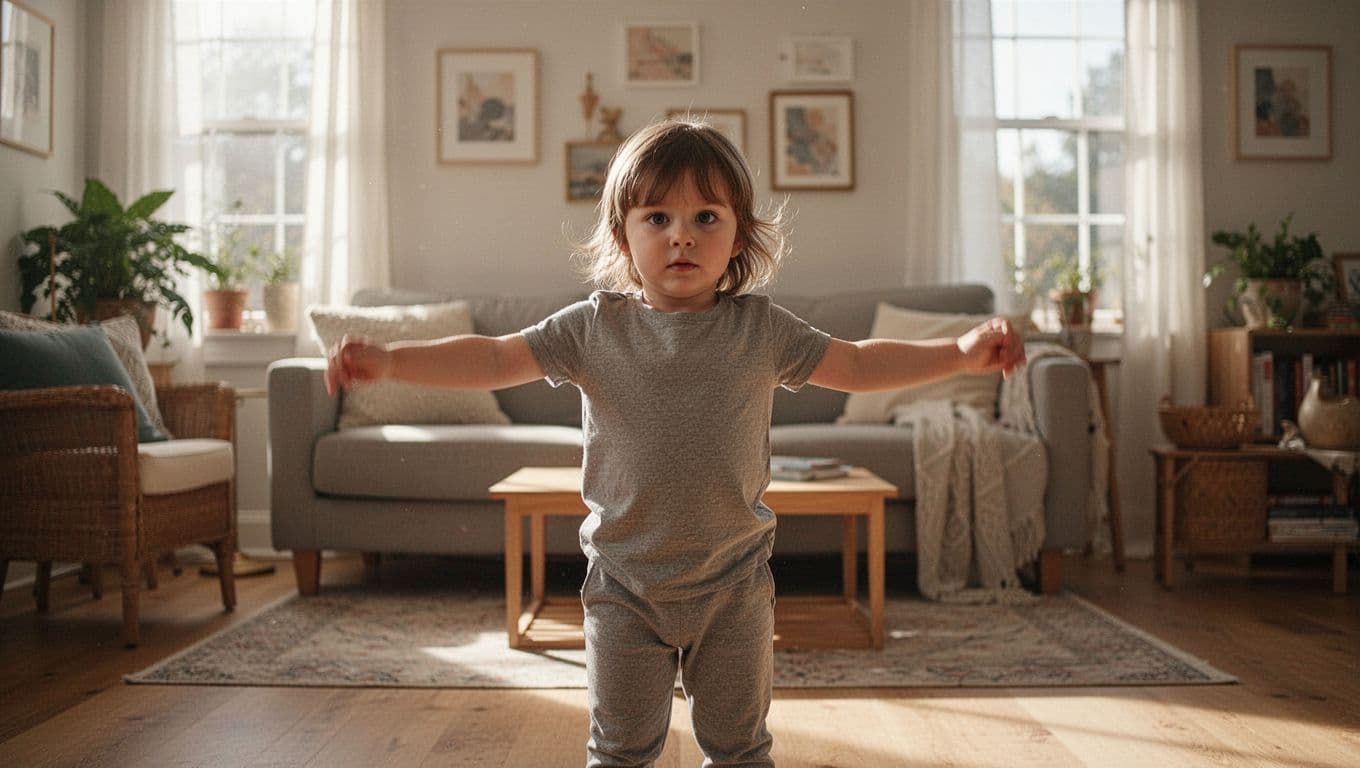A young child stands in a sunlit living room, focused on performing a rhythmic arm movement. The clean, cinematic composition highlights their coordination against the soft, blurred background of a home.