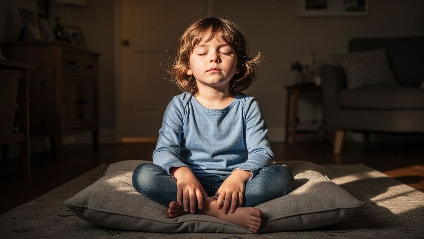 A young child sits peacefully in a sunlit room with eyes closed and hands resting gently on their knees. Warm golden side lighting highlights their serene expression during a mindful moment.