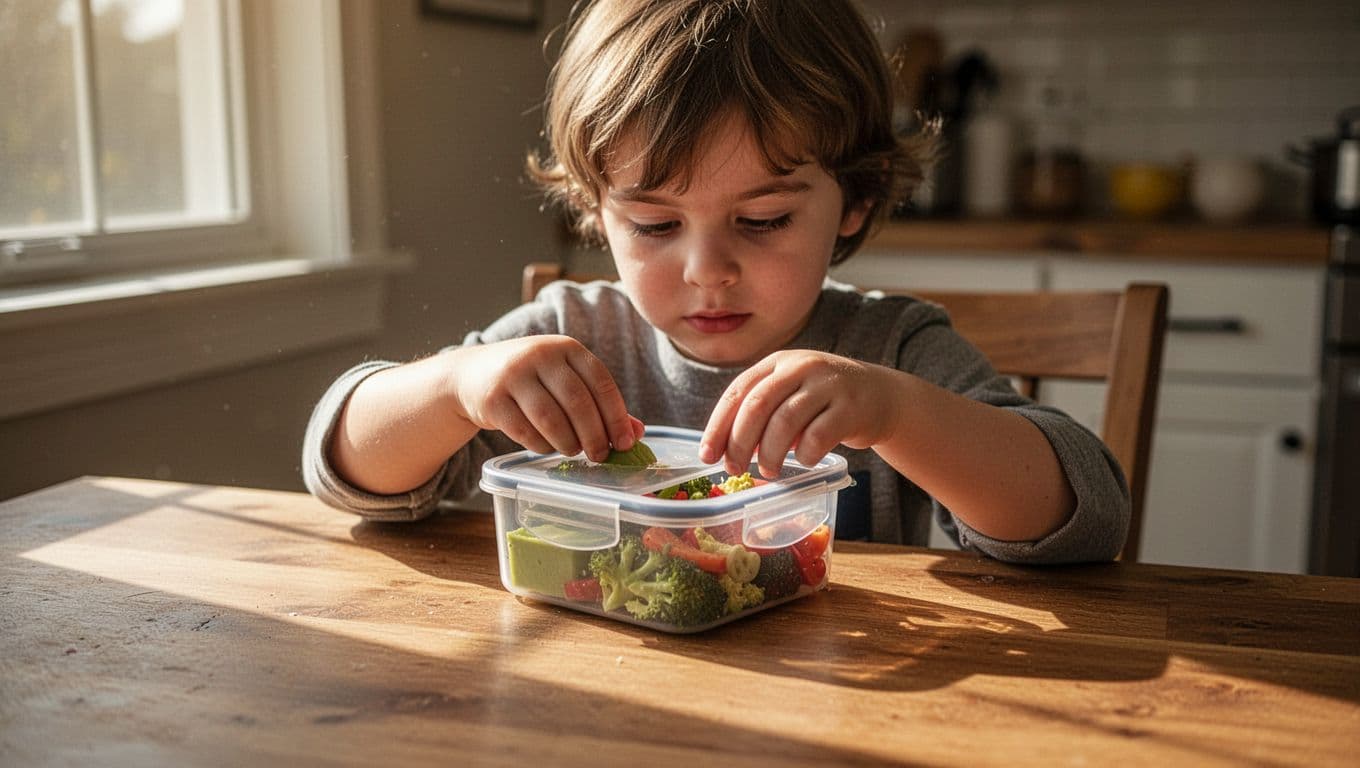 A young child sits at a rustic wooden kitchen table, focused intently on opening a plastic container. Warm morning sunlight streams across the tabletop, highlighting the child's hands and the container.