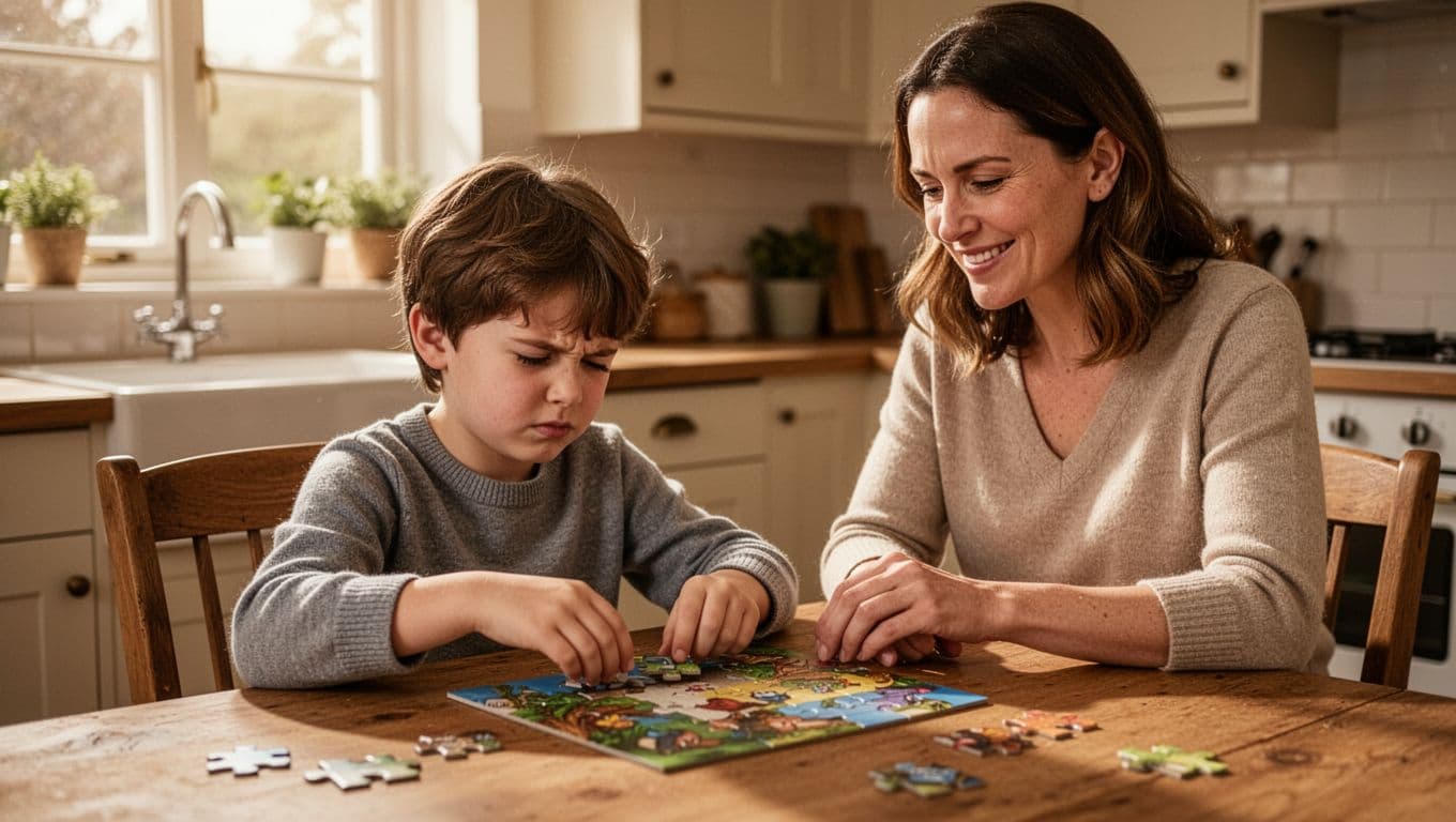 7-year-old child fits puzzle pieces with mild frustration at wooden table, parent smiles supportively nearby in cozy kitchen.