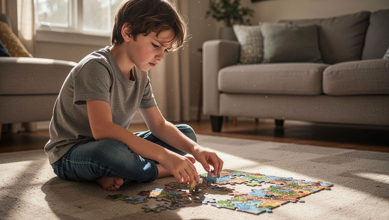 8-year-old child sits cross-legged on floor holding mismatched puzzle pieces with mild frustration in cozy living room.