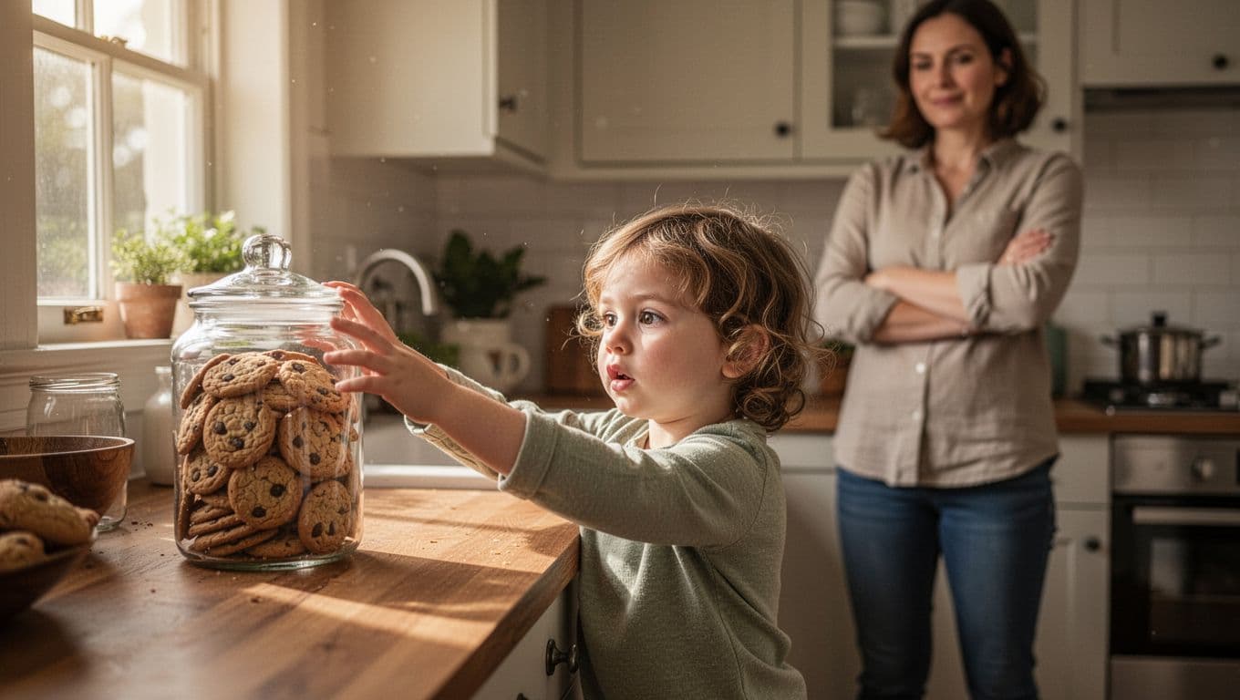 Young child reaches for cookie jar on kitchen counter as parent watches calmly.