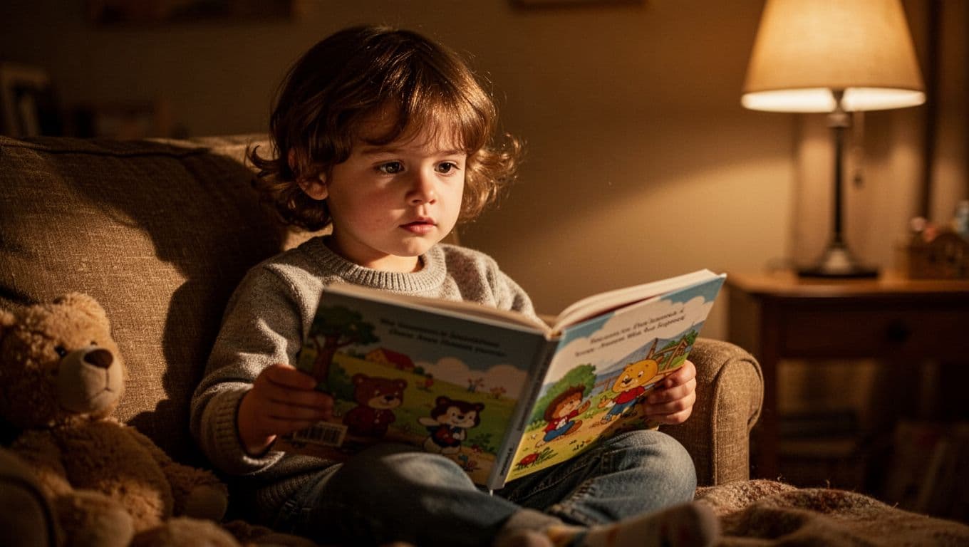 A small child sits quietly in a cozy, dimly lit room while holding an open, antique-style storybook. Golden light illuminates the pages, casting soft shadows against the blurred background bookshelf.