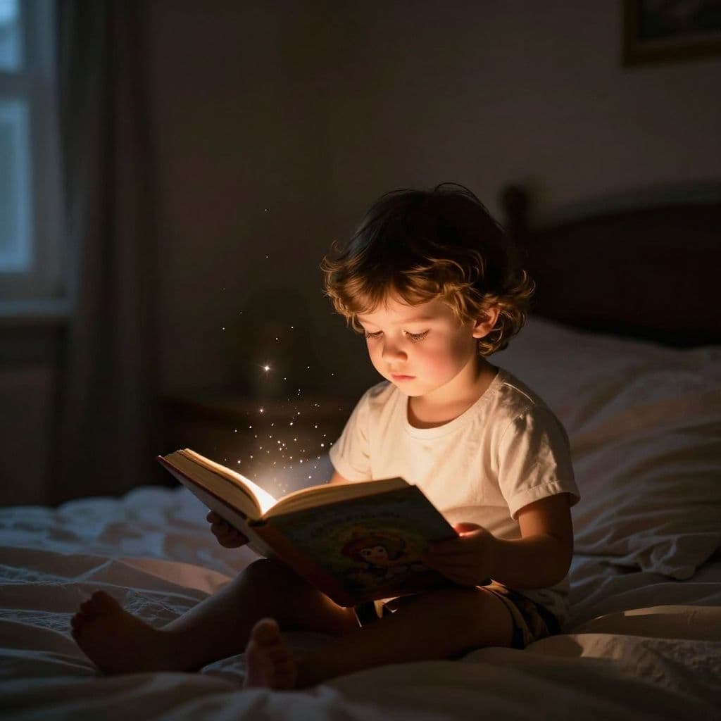 A young child sits in a cozy bedroom holding an open book that radiates a soft, golden glow. Tiny floating particles shimmer in the dramatic light, creating an enchanting bedtime scene.
