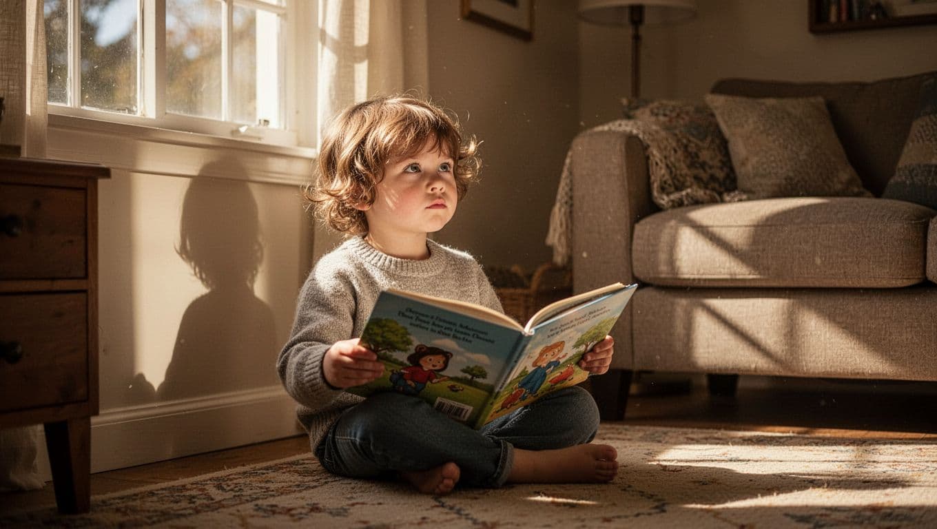 A young child sits on the floor in a sunlit corner, holding an open illustrated book. The warm glow creates soft highlights on their thoughtful face while shadows add deep visual contrast.