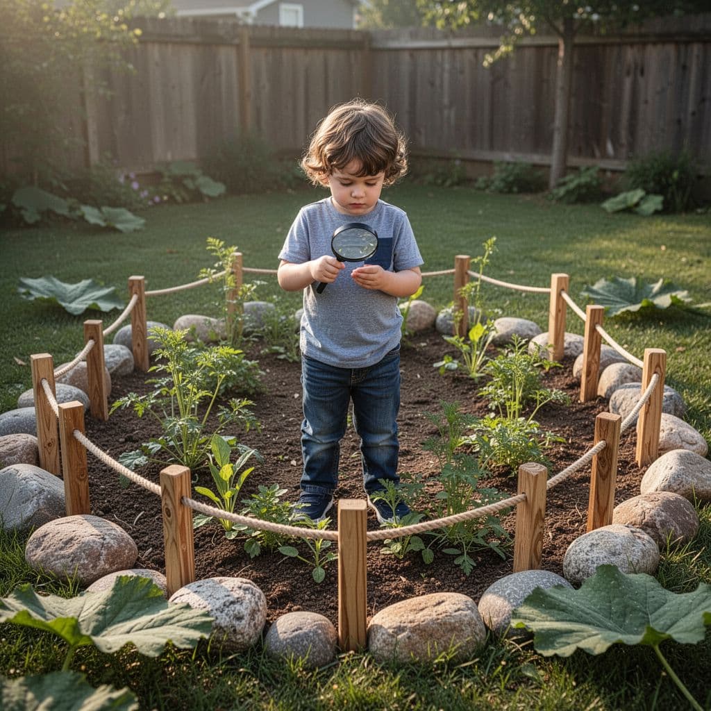 Four-year-old child holds magnifying glass to plants inside backyard area bounded by wooden stakes and rope in morning sunlight.