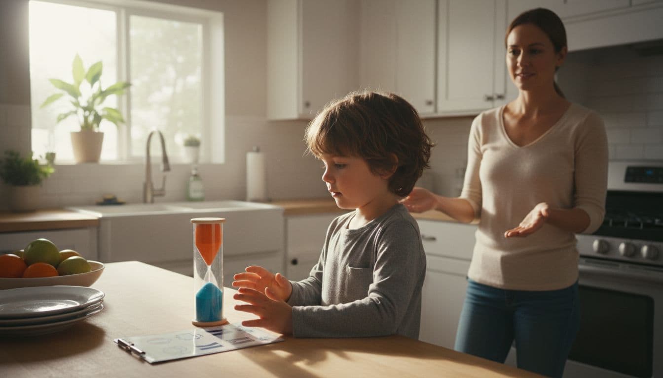 Realistic photo of a focused 6-8 year old child beside a colorful running sand timer and laminated picture checklist for morning tasks in a bright family kitchen, with a calm parent gesturing nearby.