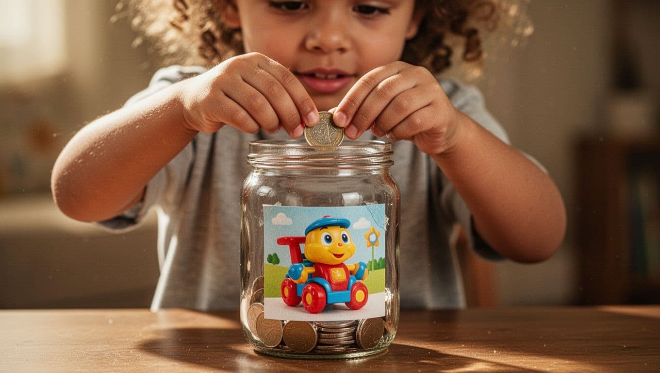 A focused child carefully inserts a shiny coin into a transparent glass savings jar. A vibrant picture of a toy car is taped onto the side to represent a clear financial goal.
