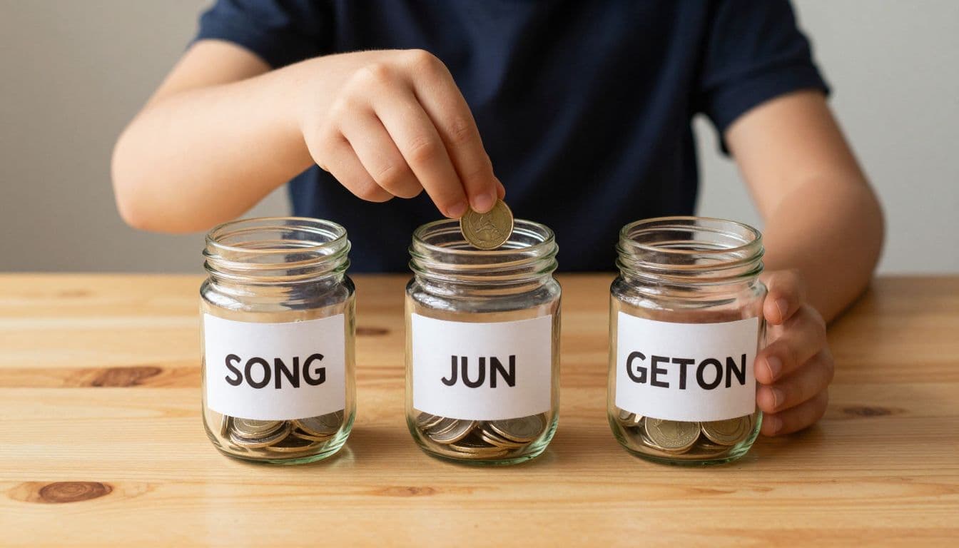 Small hands carefully insert a silver coin into a transparent jar labeled for saving. Three distinct glass containers sit on a polished wooden surface under warm, focused interior lighting.