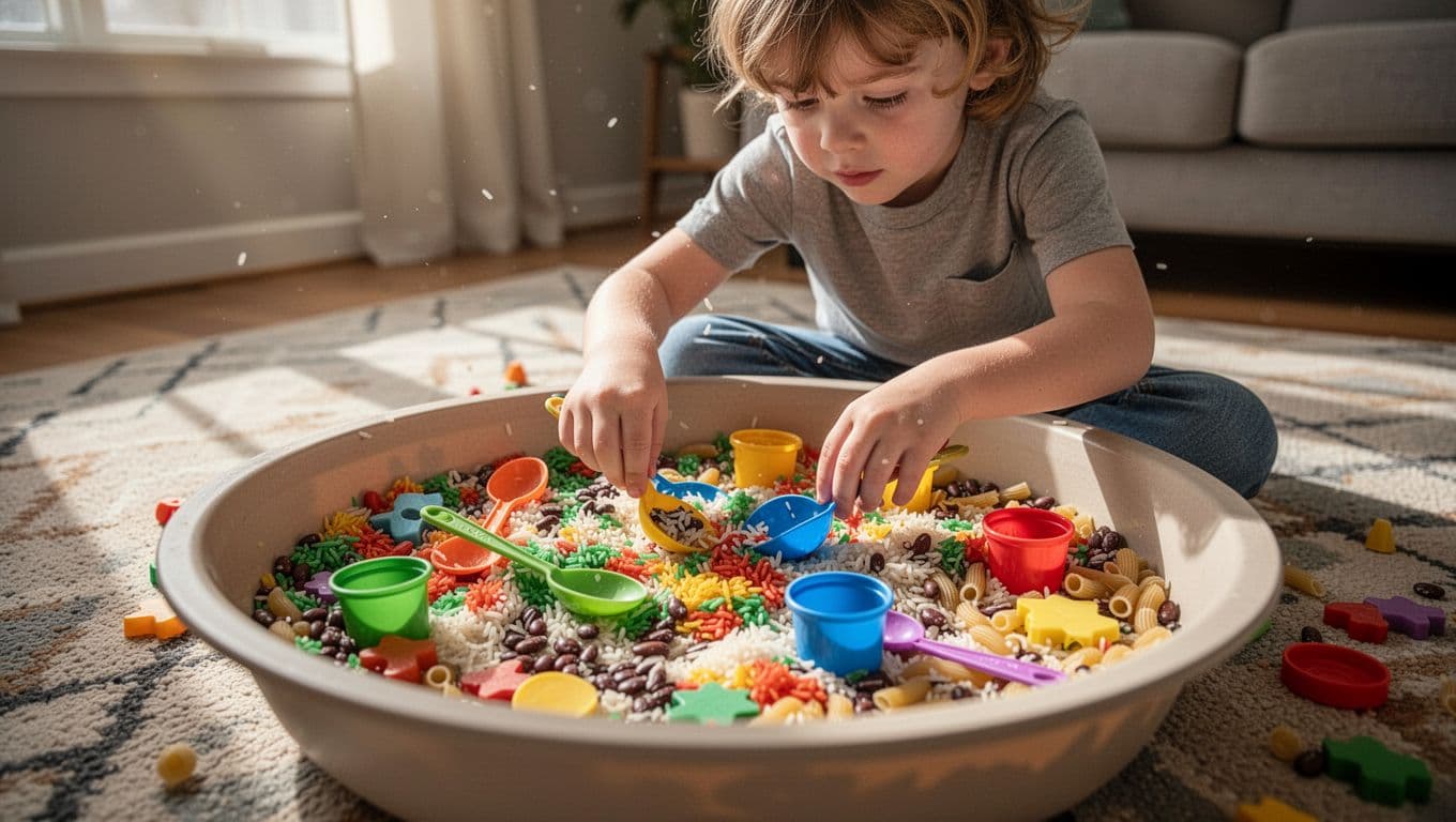 Young child digs hands into shallow bin of colorful rice, beans, and pasta on living room floor, scooping with spoons and cups.