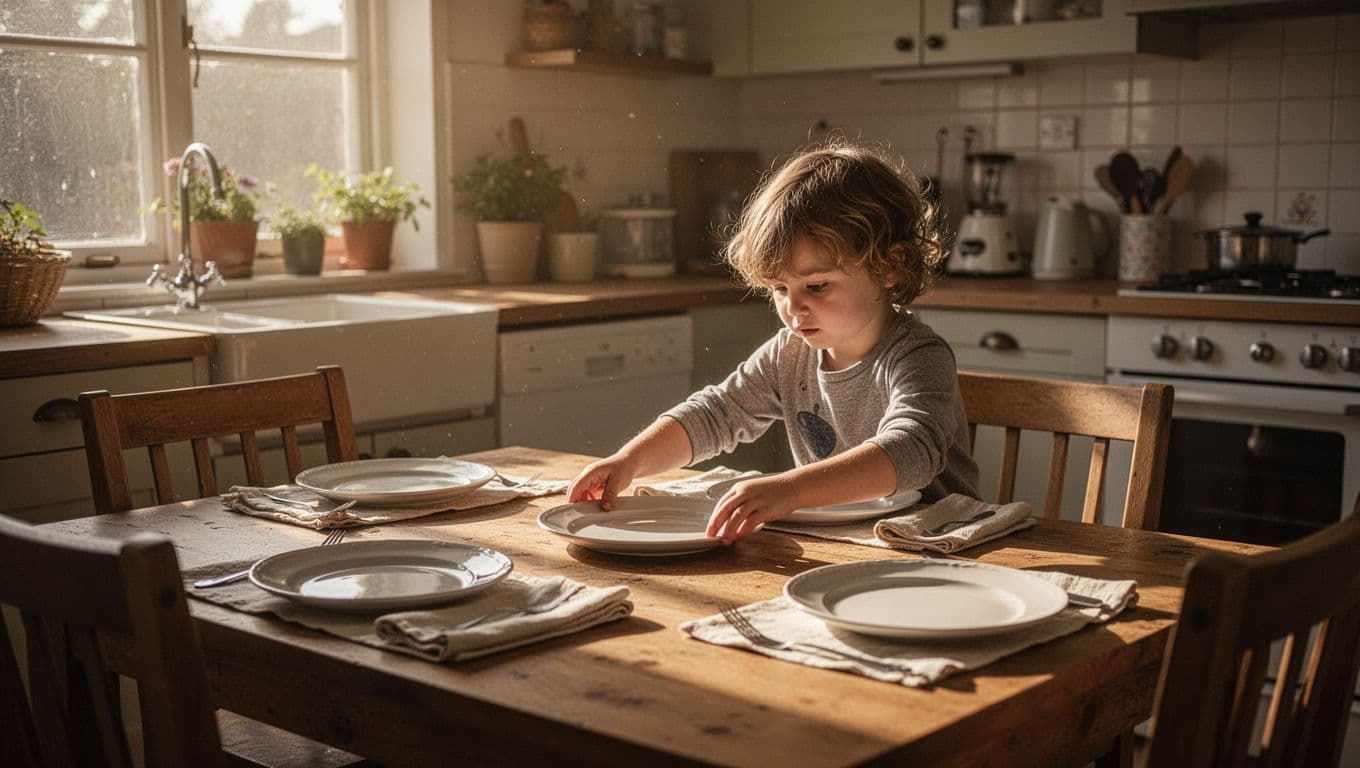 A focused young child carefully places ceramic plates and folded napkins onto a wooden kitchen table. Golden morning sunlight streams through a nearby window, creating a warm, cozy atmosphere throughout space.