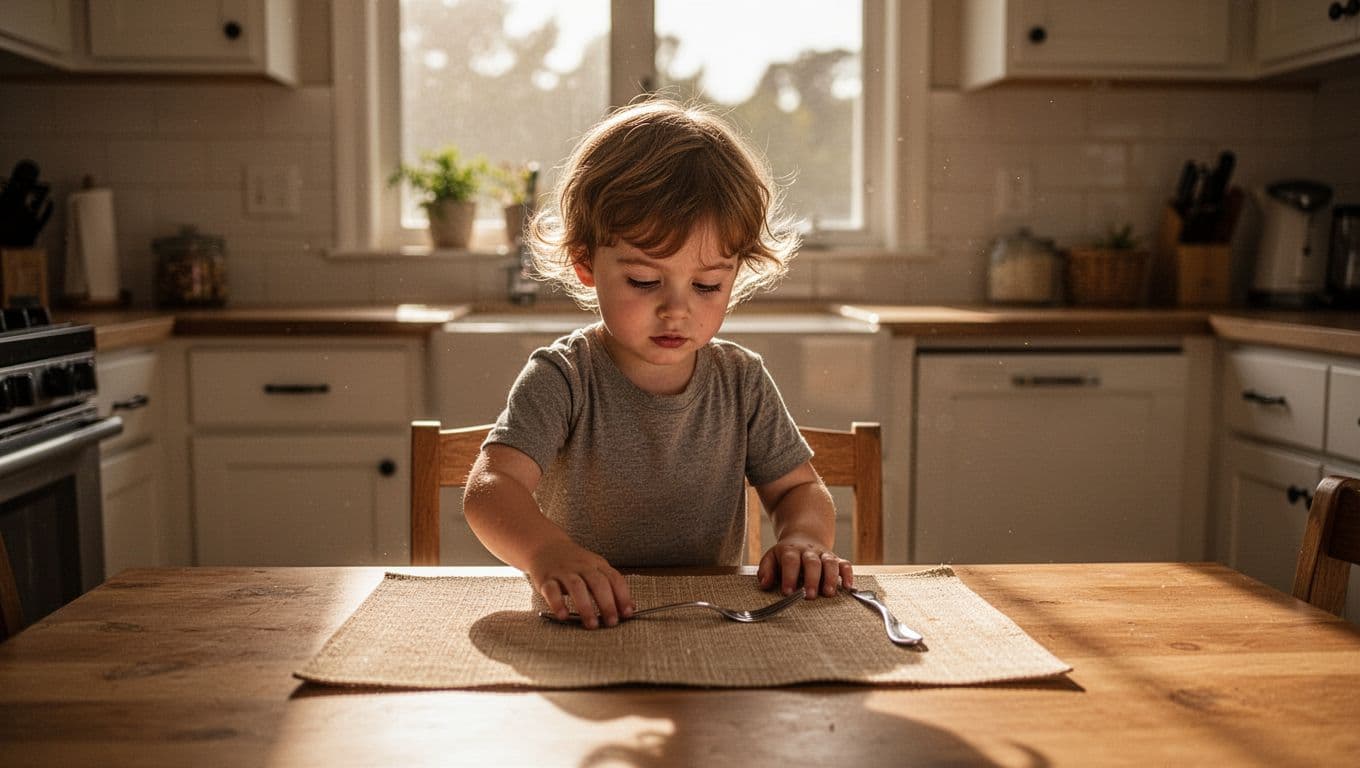 A focused young child carefully places a metal fork onto a clean placemat atop a wooden dining table. Soft golden afternoon sunlight highlights the child's deliberate actions and small movements.