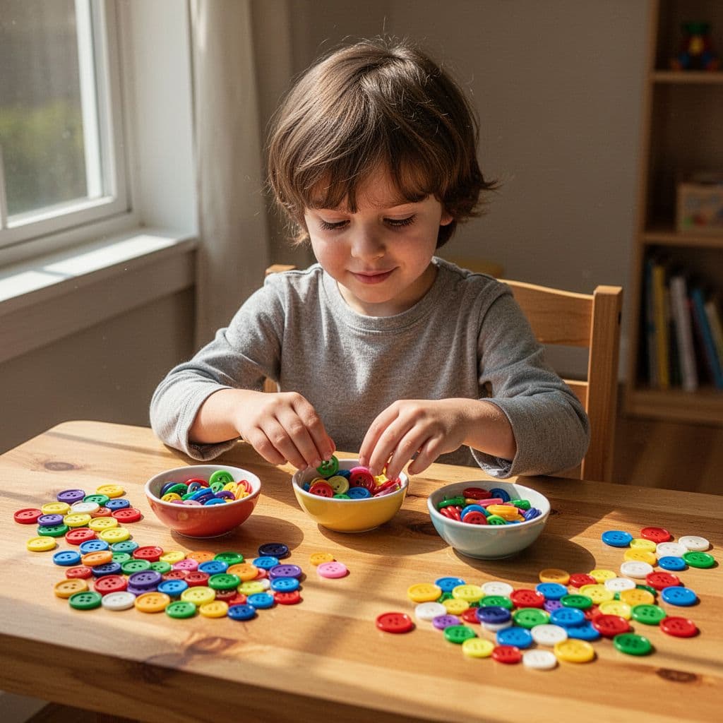 Young child at wooden table sorts colorful plastic buttons into small bowls.