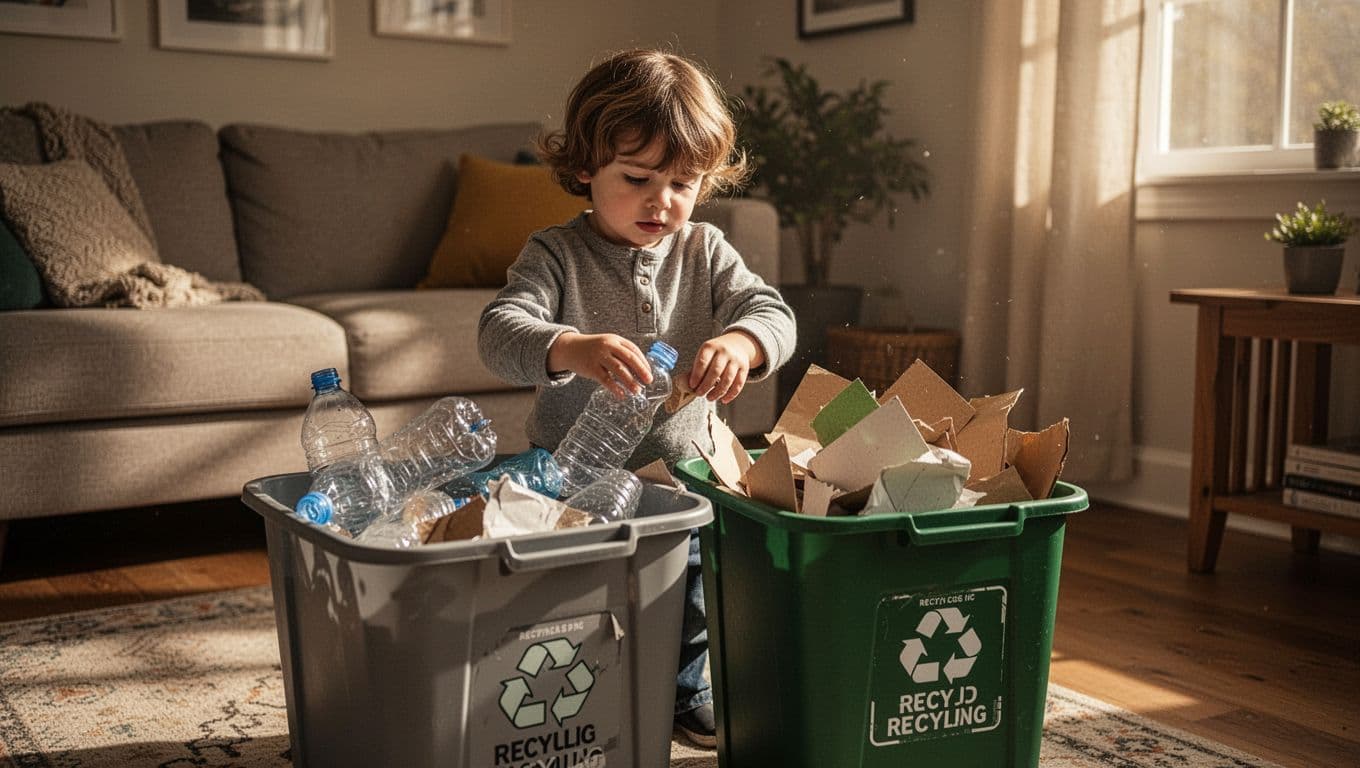 A focused young child separates plastic items from paper waste into two distinct bins inside a sunlit room. Soft natural light highlights the child's engaged expression and their organized sorting process.