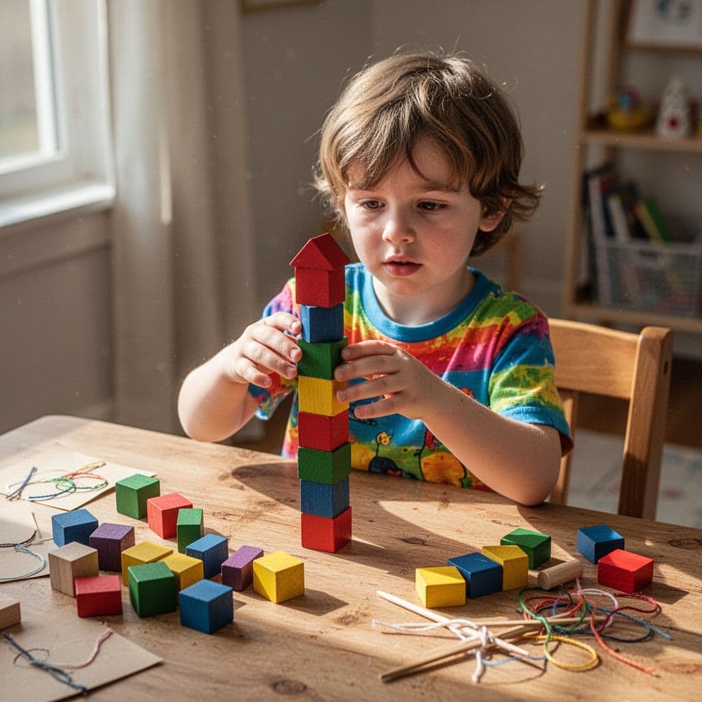 Young child in colorful shirt stacks wooden blocks into tall tower on sunlit table.
