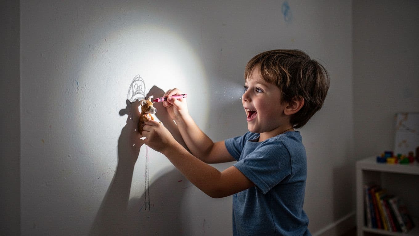 Six-year-old child traces flashlight shadow of toy animal on white wall with crayon, excited expression in dim room.