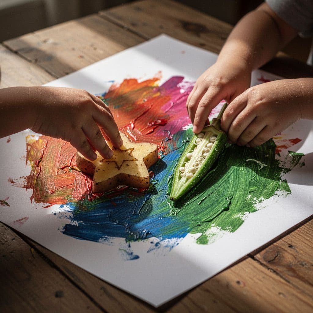 Small hands press a star-shaped potato and a sliced okra into bright, colorful paint on a craft paper sheet. The scene is set on a rustic wooden table with dramatic natural lighting.