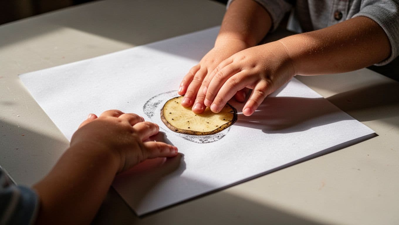 Small hands press a potato half carved with a simple star design onto a crisp sheet of white paper. Strong side lighting creates dramatic shadows while highlighting the paint texture.