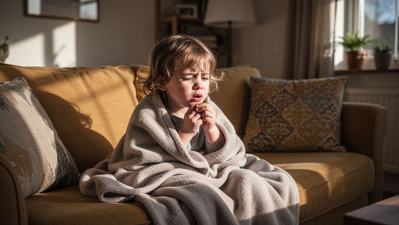 A young child sits curled up on a plush living room sofa, wrapped tightly in a soft textured blanket. The child looks weary with heavy eyes under moody, dramatic indoor lighting.