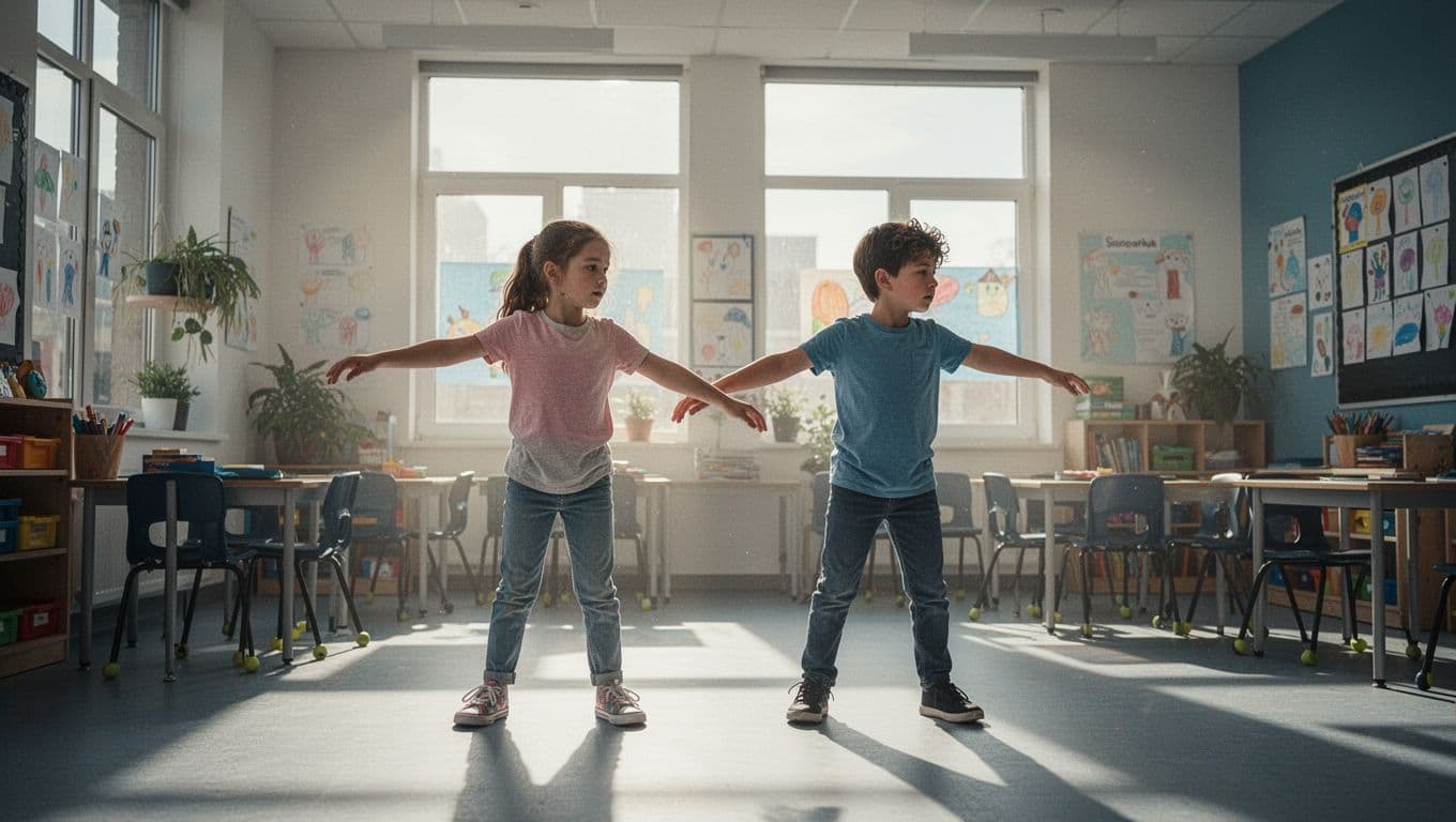 Three young students stand in a sunlit, modern classroom while practicing synchronized body motions. Large windows cast dramatic shadows across the floor, highlighting their focused expressions during the physical exercise session.