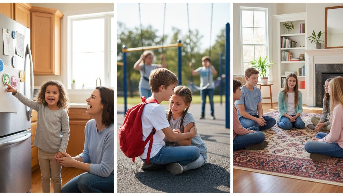 Three-panel realistic photo depicting emotional intelligence progress: 4-year-old preschooler naming feelings with mom in kitchen, 8-year-old elementary kid empathizing on playground, 12-year-old tween resolving argument in living room.