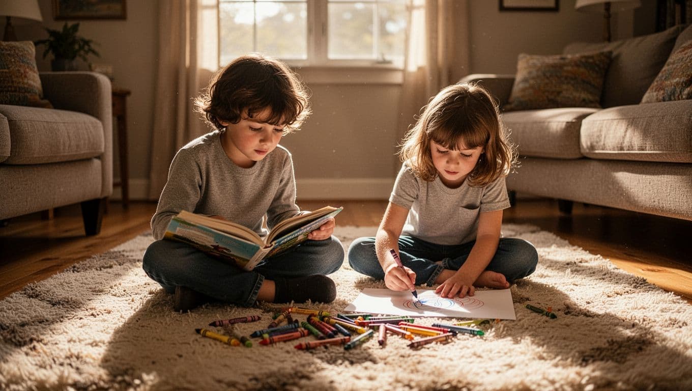 Two children sit comfortably on a soft rug in a sunlit living room. One child focuses on a book while the other uses vibrant crayons to draw on the floor.
